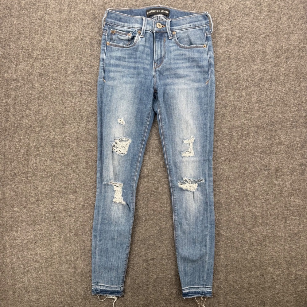Express Jeans Womens 0R Mid Rise Cropped Legging Distressed Medium Wash Denim
